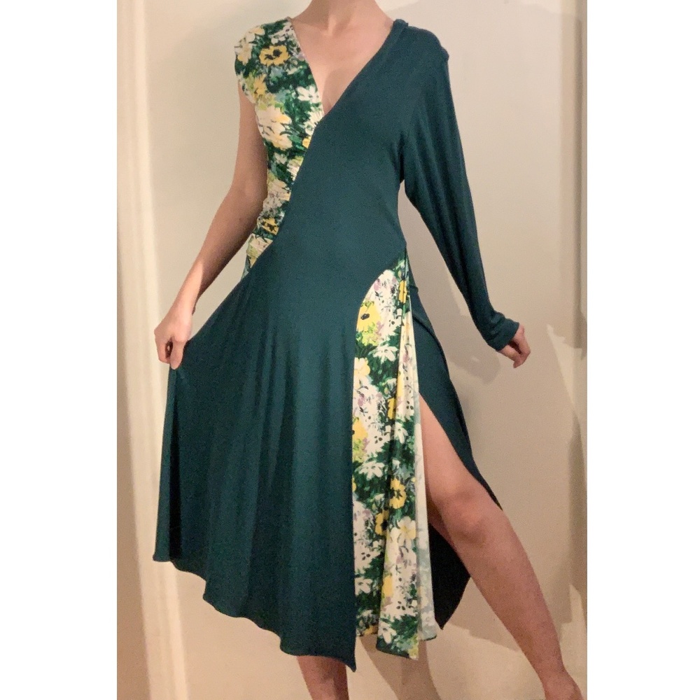 NWOT Zara Teal Green/Floral Asymmetric Dress- Size XS